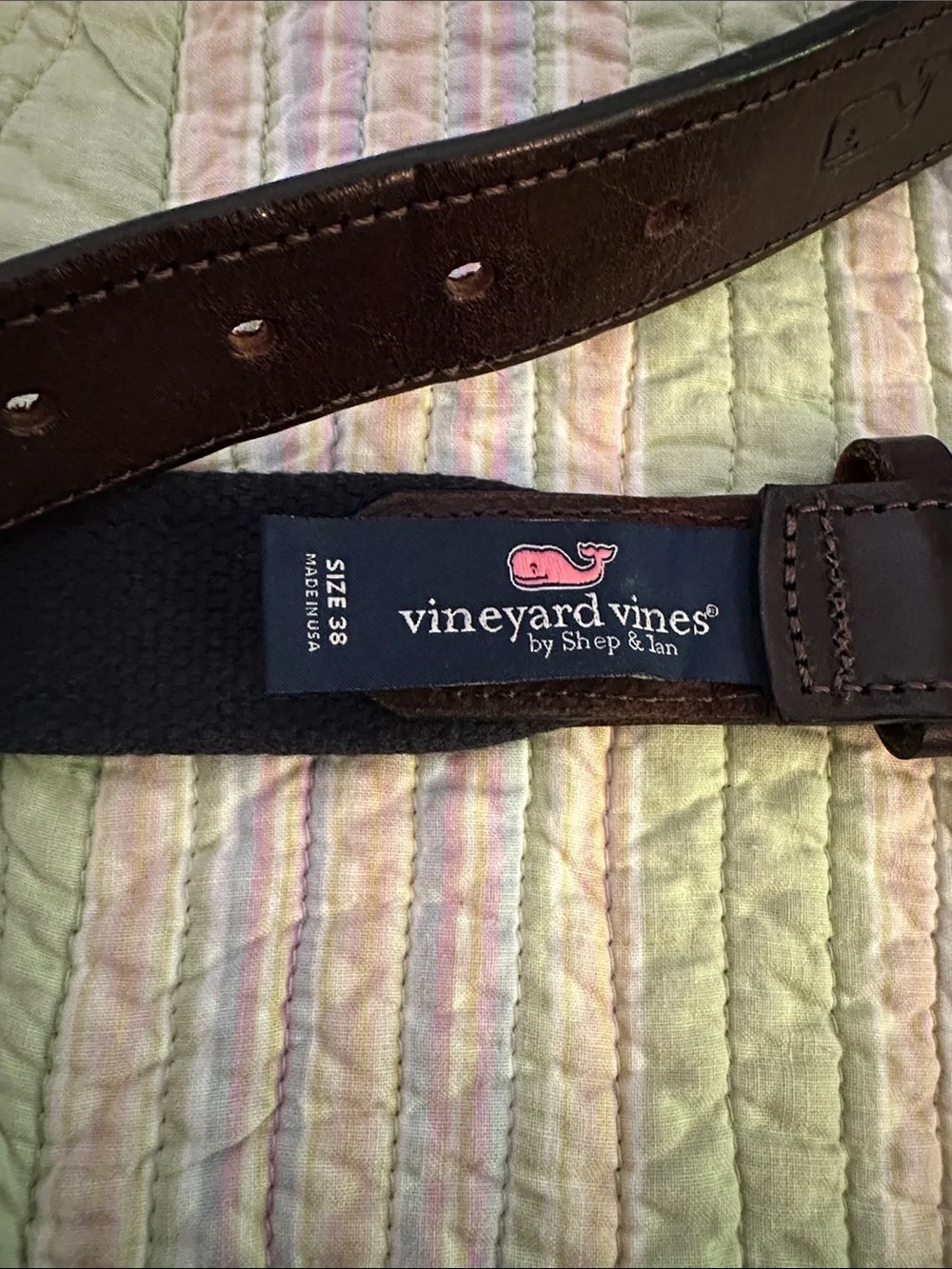 Vineyard Vines Men's Woven Multicolor Belt with Leather Trim 38